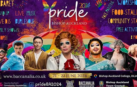 Pride Bishop Auckland poster with images of acts and activities