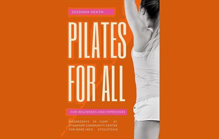 Poster with wording Pilates for All with image of a woman stretching.