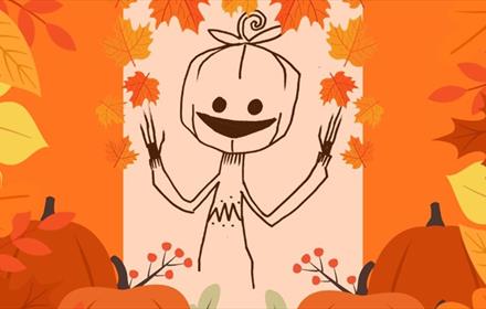 Cartoon image of the character Pumperknickle surrounded by pumpkins and autumn leaves