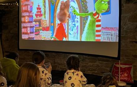Children watching a Christmas film on the big screen