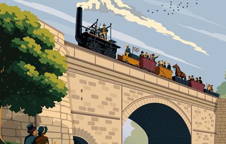Colourful print of Locomotion No.1 travelling over a railway bridge