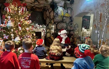 Santa sitting by the fireside telling a story to a group of children.  Christmas tree decorated in red and white decorations