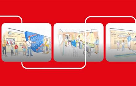 Three images of artwork depicting activities on the train