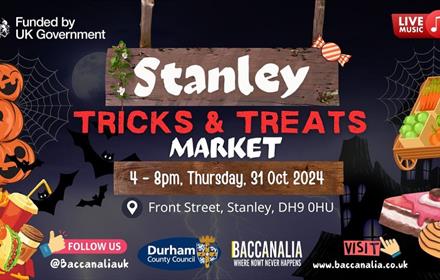 Stanley Tricks and Treats event details with cartoon images of pumpkins and food and drink