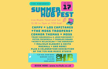 A bright yellow poster advertising "Summer Hub Fest", a music event at The TCR Hub in Barnard Castle.