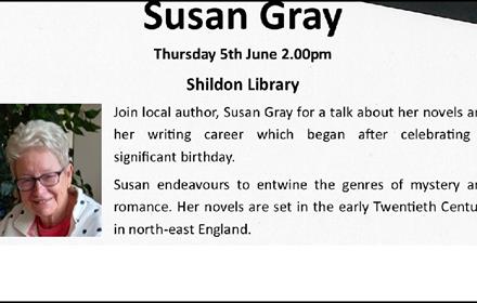 Photo of Susan Gray with blurb advertising her talk about her novels on 5th June at Shildon Library.