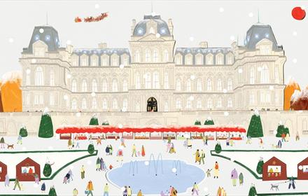 Coloured drawing of the Bowes Museum with Winter Market in the grounds