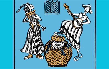 illustration of characters with props from Shakespeare's The Merry Wives of Windsor