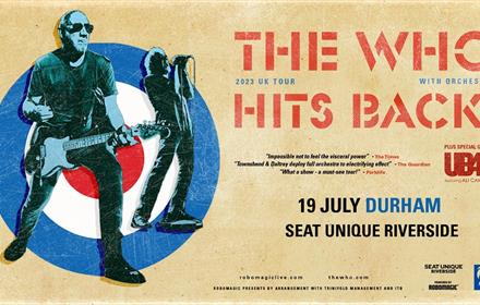 Poster showing Pete Townsend with guitar and Roger Daltrey in background with details of concert location.