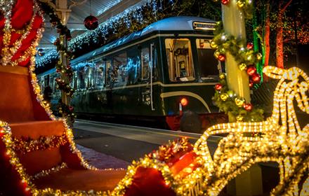 Santa's Sleigh and Reindeer on the platform with the Santa Express