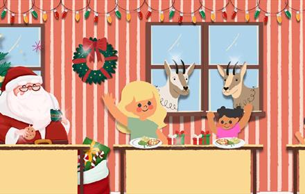 Illustration of Santa, reindeer and children eating lunch.