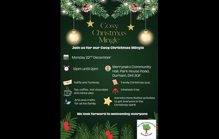 Cosy Christmas Mingle. Poster shows festive greenery, fairy lights and stars.