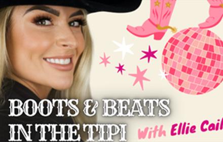 Ellie Caile in a cowgirl hat, next to illustrations of stars, a disco ball and cowboy boots.