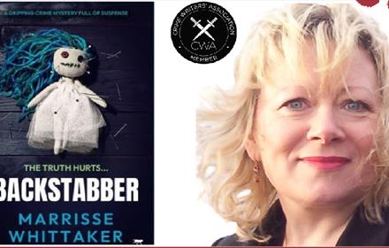 Headshot of Author Marrisse Whittaker next to her a copy of her novel, 'Backstabber'.