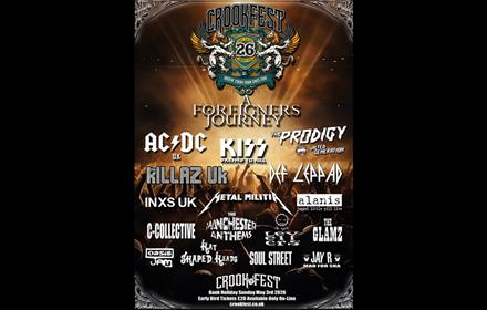 Crookfest 26. List of bands, and background image of a crowd with their hands in the air.