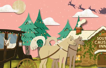 Festive illustration of horse carriage rides at South Causey Inn, with silhouette of Santa and his reindeer flying across the sky.