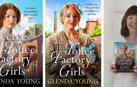 Glenda Young holding up her book, 'The Toffee Factory Girls' and images of the covers of two of her novels.
