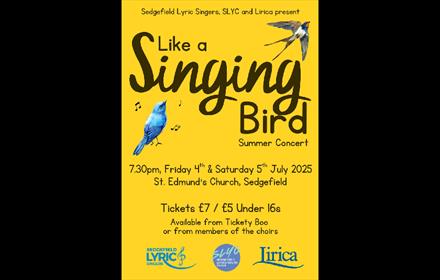 'Like A Singing Bird' poster showing event details and images of birds singing.