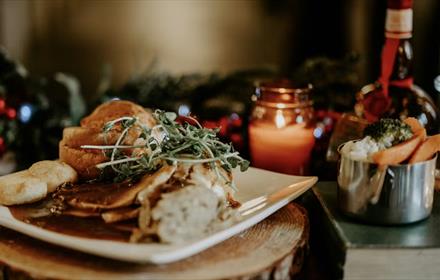 Festive dinner at South Causey Inn. Mashed potatoes, Yorkshire Puddings, vegetables and gravy.