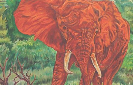 Derek Slater piece 'Big Red'. Artwork depicting a red elephant.