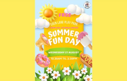 Poster promoting free family fun day in Peterlee. Illustrations of the sun, icecreams, doughnuts and hot dogs.