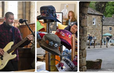 Image one, bass guitarist in the Abbey; second image, Handmade hats in bright colours; third image, a view of the Square in Blanchland from the arch