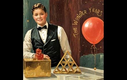 Painting of a young man in a waistcoat and Dickie Bow Tie posing in front of gold magic equipment and a red balloon.