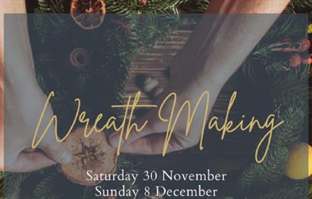 Text, 'Festive Wreath Making' - someone making a wreath.