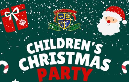 'Children's Christmas Party'. Graphic images on poster of Santa, candy canes, snow and presents.