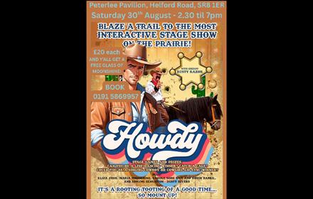 Poster promoting Howdy Show at Peterlee Pavilion - illustration of cowboys on horseback.