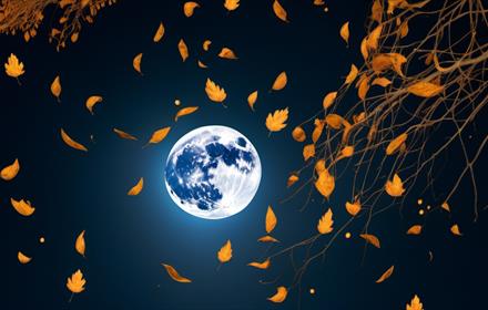 Full moon amongst swirling autumn leaves.