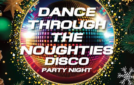 Dance Through The Naughties Disco Party Night poster showing a disco ball, stars, snowflakes and pine cones.