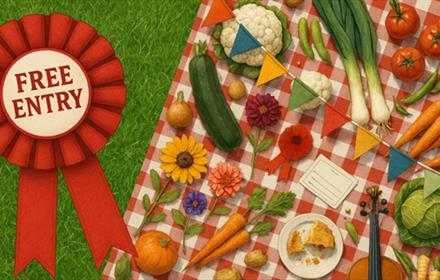 A selection of vegetables on a red and white chequered table decorated with colourful bunting and flowers.