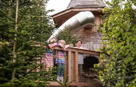 Three children peering over a fence in The Plotter's Forest