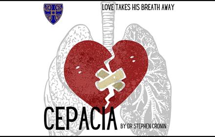 Illustrations of lungs and a heart, text reads, 'Cepacia, by Dr Stephen Cronin'