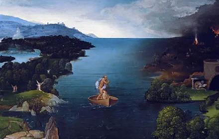 Joachim Patinir: a landscape painting of a rowing boat, sailing down a river, surrounded by verdant riverbanks.