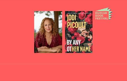 Jodi Picoult next to an image of her book, 'By Any Other Name'.