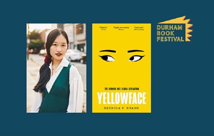 Rebecca F. Kuang next to image of her book, 'Yellowface'.