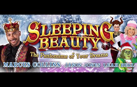 Sleeping Beauty cast showing Marcus Collins, Jason Jones, Leah Bell against a snowy forest backdrop.