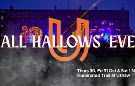 All Hallows' Eve, Ushaw illuminated with pumpkins at night.
