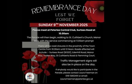 Peterlee's Remembrance Parade & Service 2025 - Poster shows cross and poppies.
