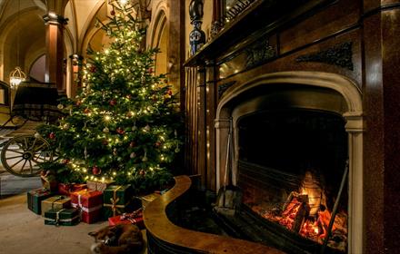 Christmas tree with presents underneath and a fox curled up under a cosy fireplace.