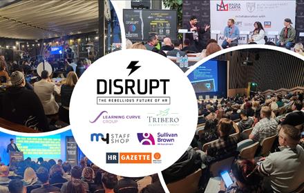 A collage of images showing audiences listening to 'Disrupt North East' speakers.