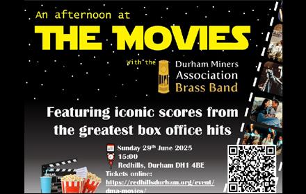 Starry background, popcorn and a reel  which shows iconic clips from movies. 'An Afternoon at The Movies'