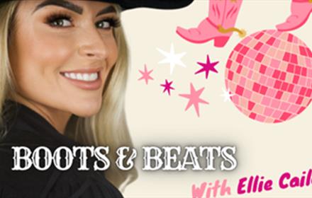 Boots & Beats with Ellie Caile. Ellie Caile and poster showing cowgirl boots, stars and a disco ball.