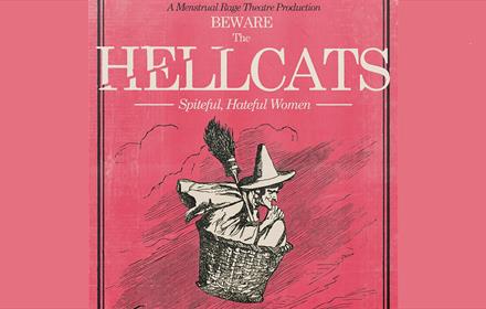 'Beware of The Hellcats' - a sketch of a witch, sitting in a basket, with her broom.