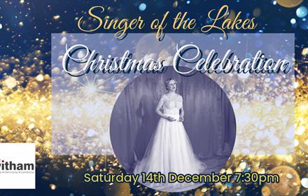 Singer of The Lakes, a woman in a beautiful white gown, on a poster with a background of shimmery golden lights, and baubles.