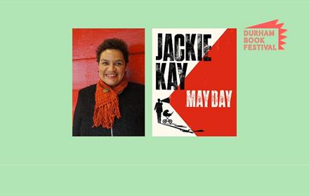 Jackie Kay, next to a cover of her book 'May Day'.