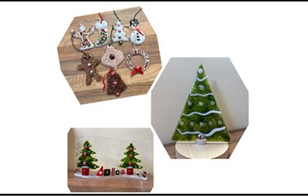 A selection of fused glass Christmas decorations - Christmas trees, gingerbread biscuits, snowmen