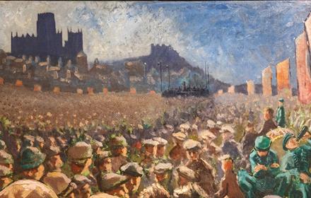 Painting of crowds in Durham City - Durham Miners' Gala.